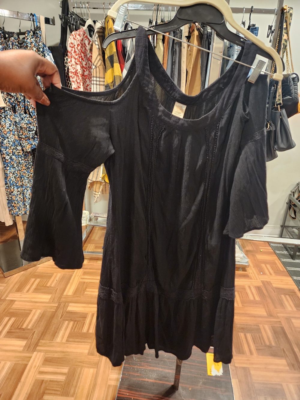 Terra & Sky Black Cold-Shoulder Mini Dress with Lace Trim
